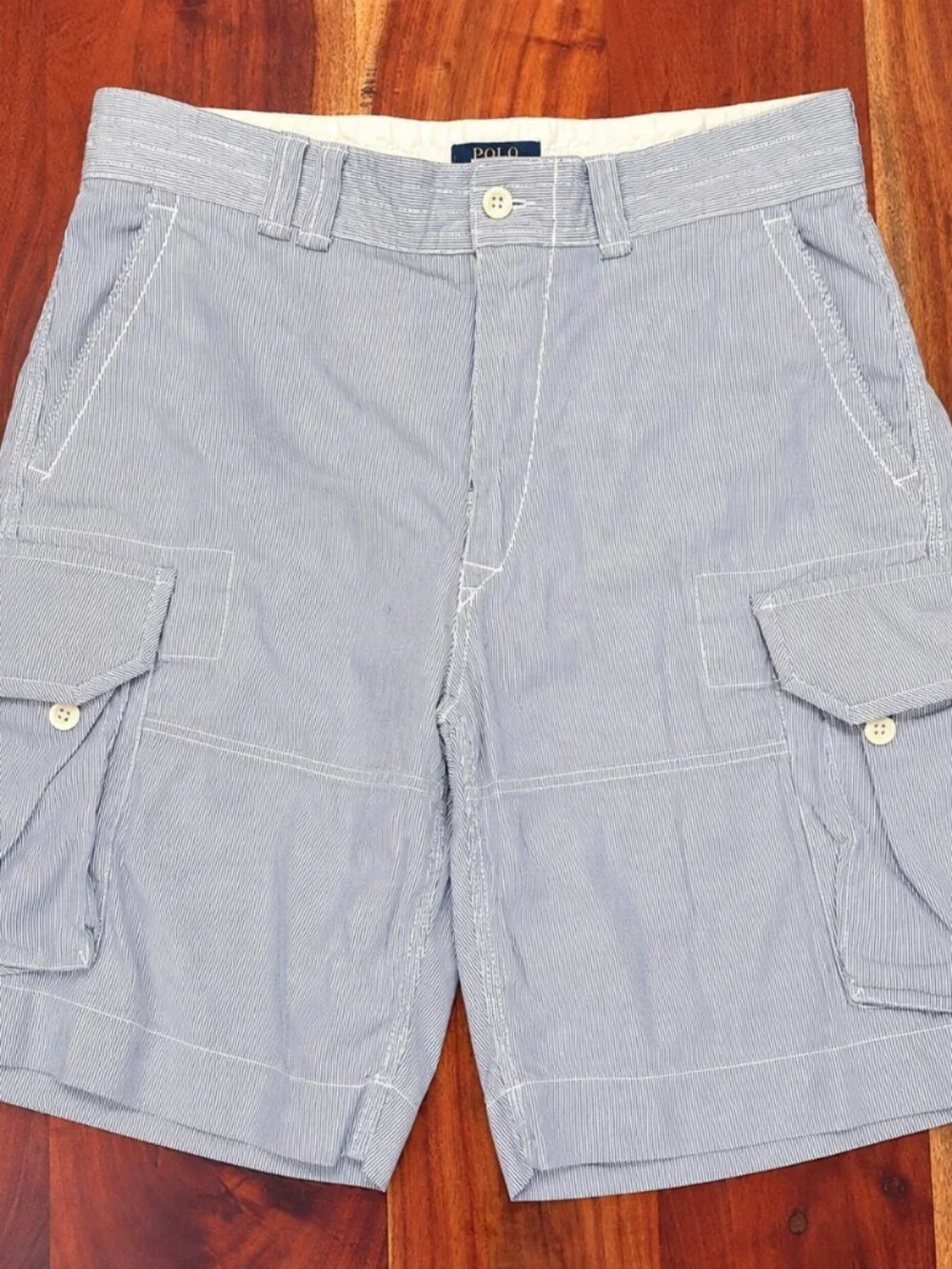 VTG EUC Polo Ralph Lauren 38 Gellar Hickory Railroad Stripe Cargo Shorts Size 38
